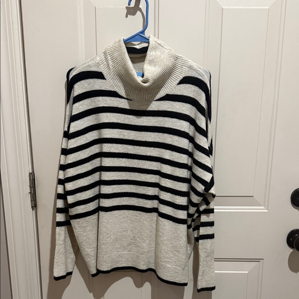 CeCe Black and White Striped Cowl Neck Sweater